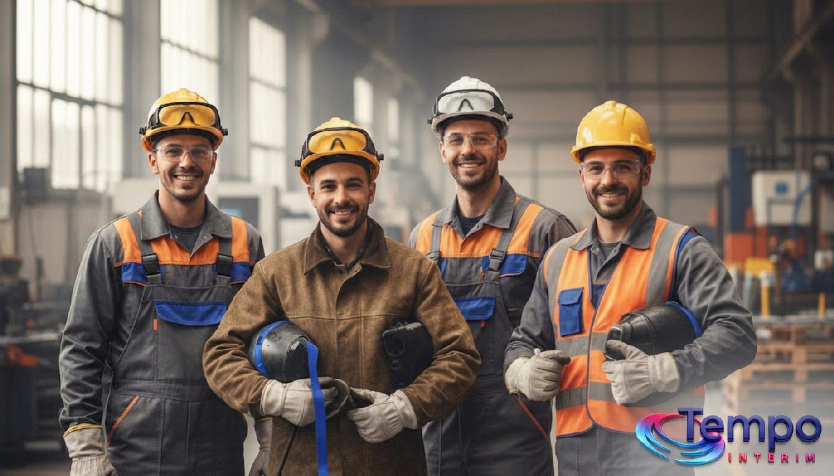 Travailleurs roumains qualifiés souriants en tenue de sécurité en usine.