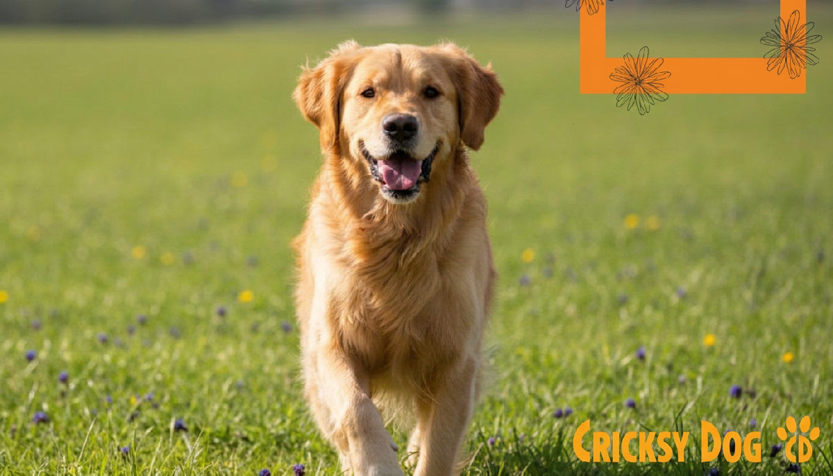 Golden retriever felice corre in un prato verde, pieno di energia.