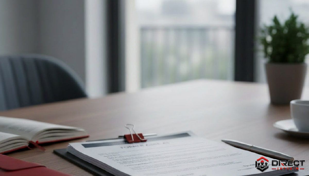 Documents légaux, formulaire A1 et contrats d'assurance sur un bureau.