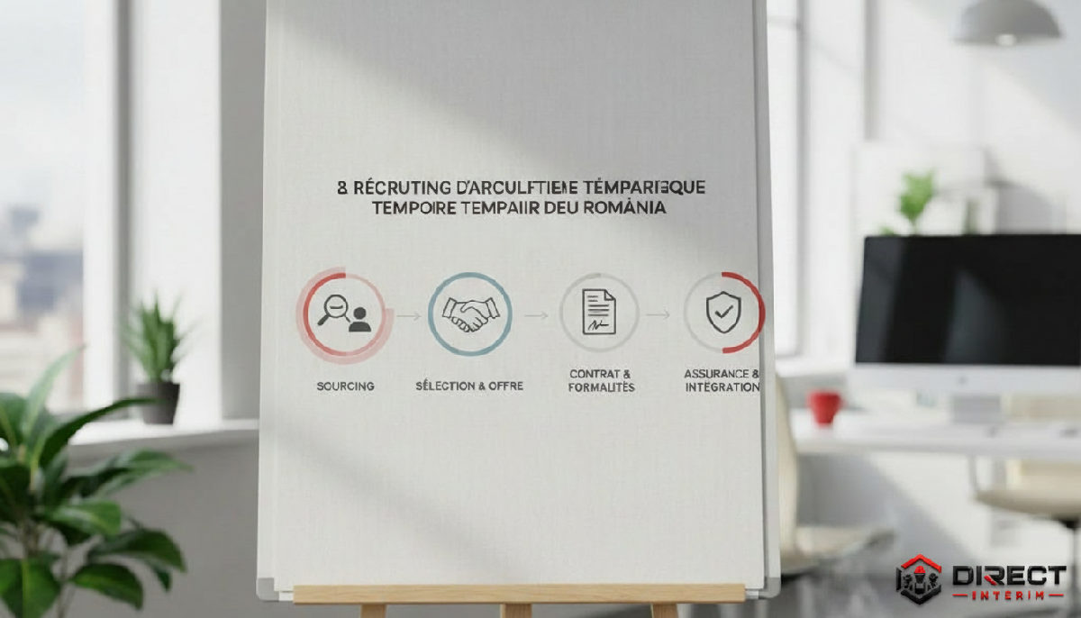 Infographie : étapes simplifiées du recrutement d'un intérimaire roumain.
