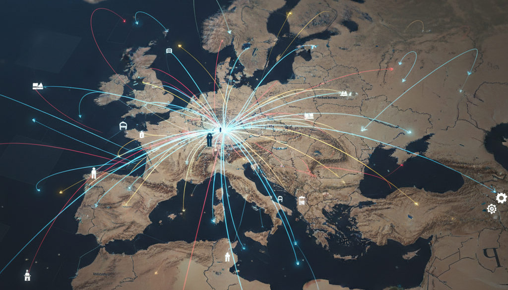 Infographie montrant le flux de commerce et de main-d'œuvre en Europe.
