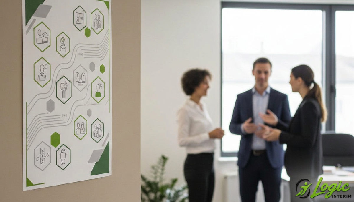 Poster sur le harcèlement et employés discutant en entreprise.