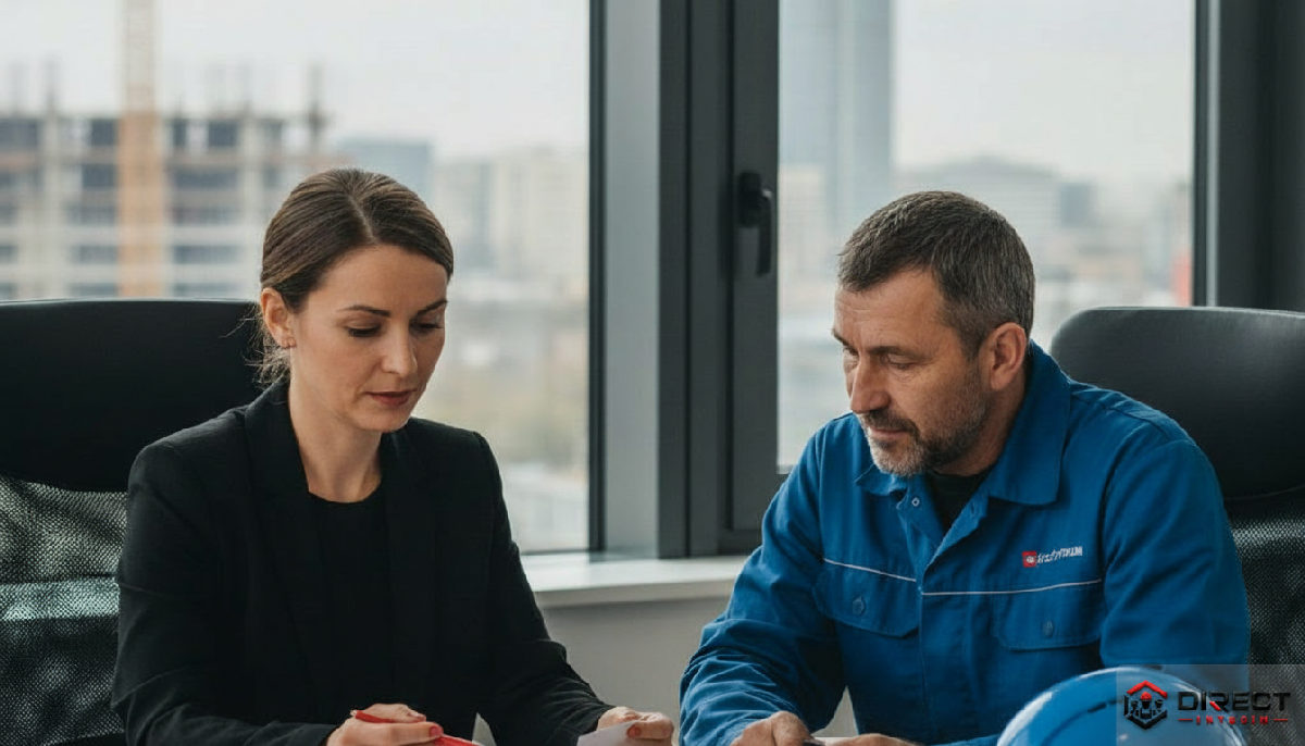 Agent vérifiant les documents d'un ouvrier roumain pour le travail temporaire.
