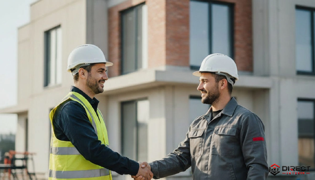 Chef de chantier et ouvrier roumain devant un bâtiment achevé.