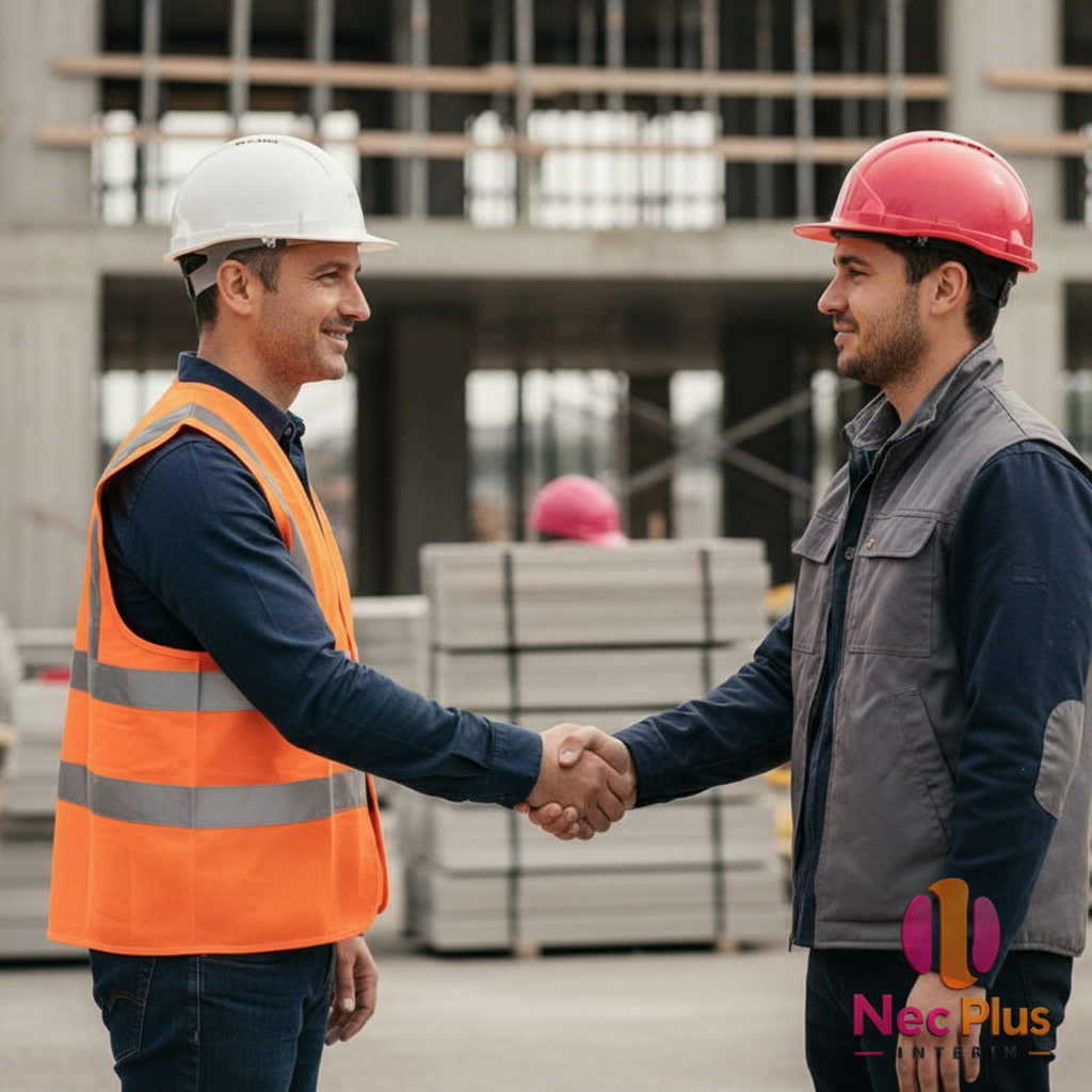 Chef de chantier français accueillant un nouvel ouvrier roumain sur le site.