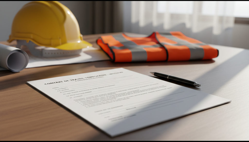 Contrat d'intérim, casque et gilet haute visibilité sur bureau.