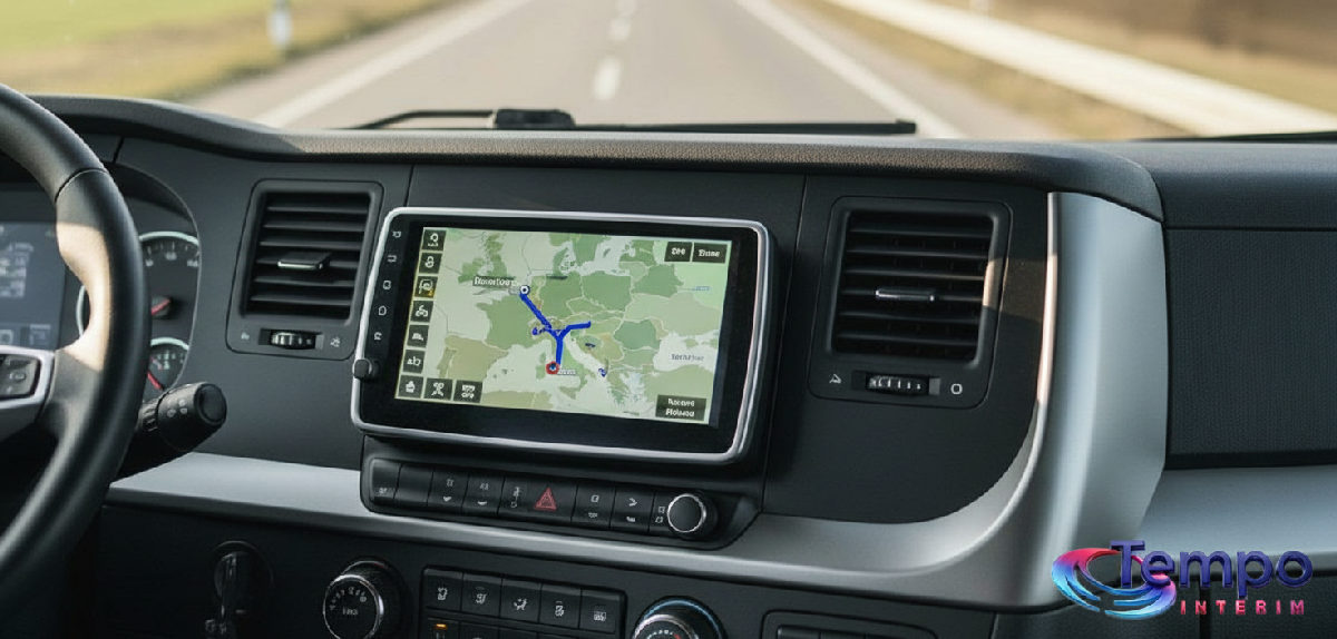 Tableau de bord de camion avec GPS affichant un itinéraire européen.