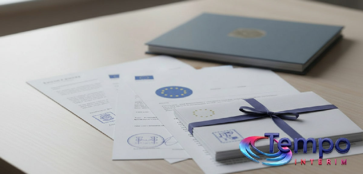Dossier administratif avec logo UE et tampons officiels.