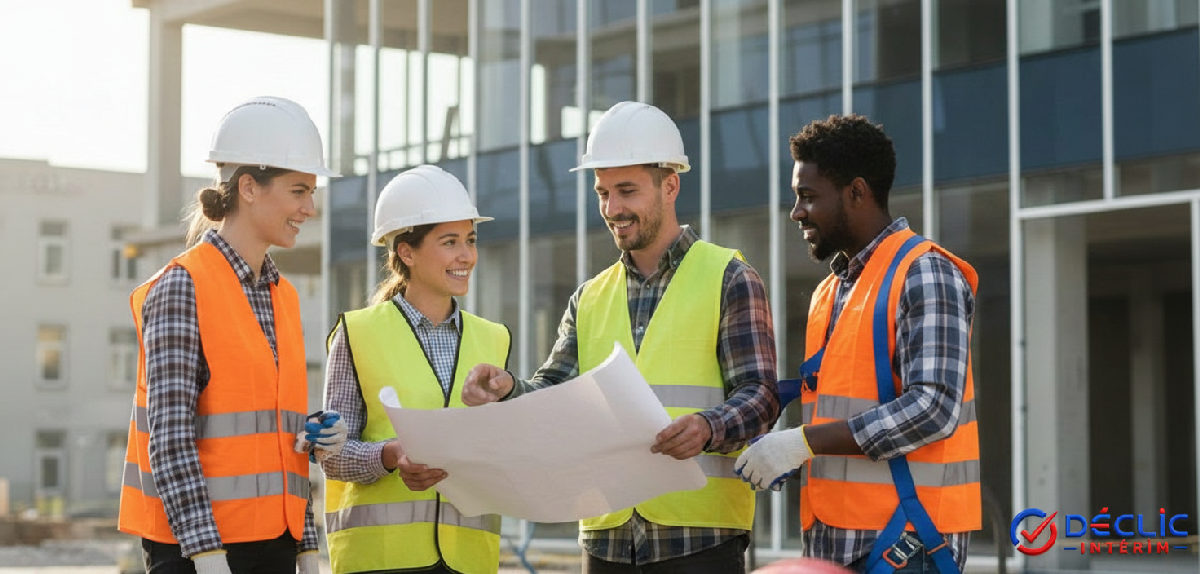 Équipe multiculturelle sur un chantier, travailleurs roumains qualifiés intégrés.