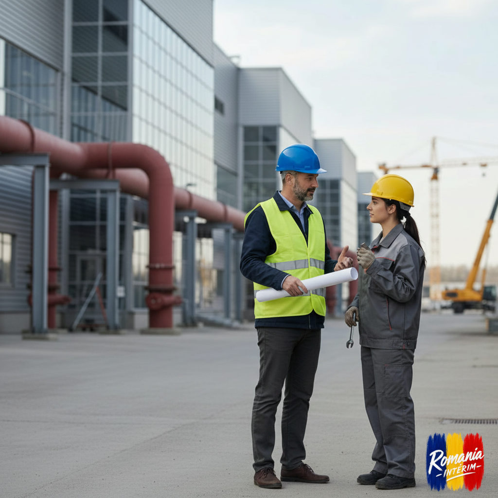comment recruter intérimaires en roumanie depuis france – Un chef de chantier français discute avec un technicien roumain sur