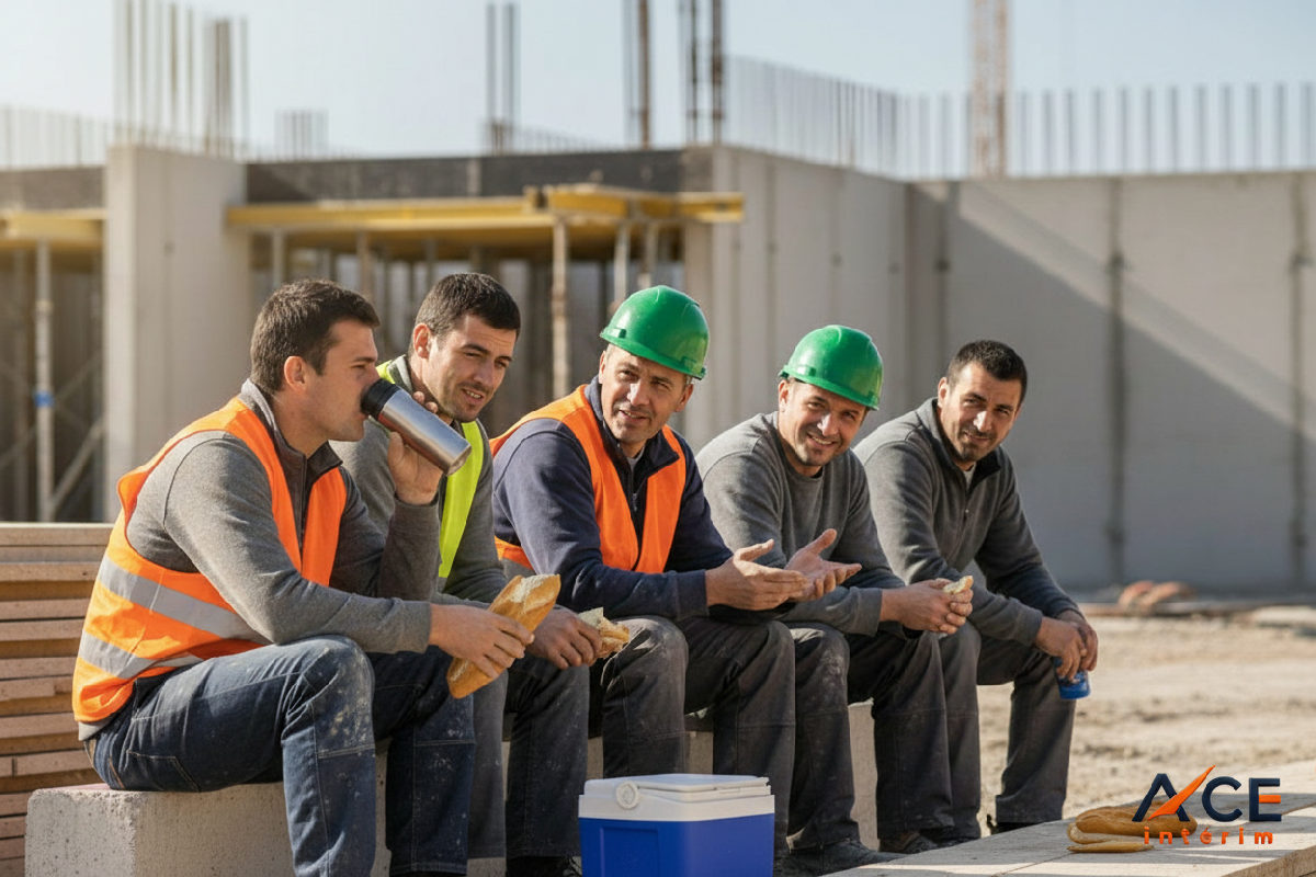 Équipe de maçons roumains et français en pause sur un chantier.