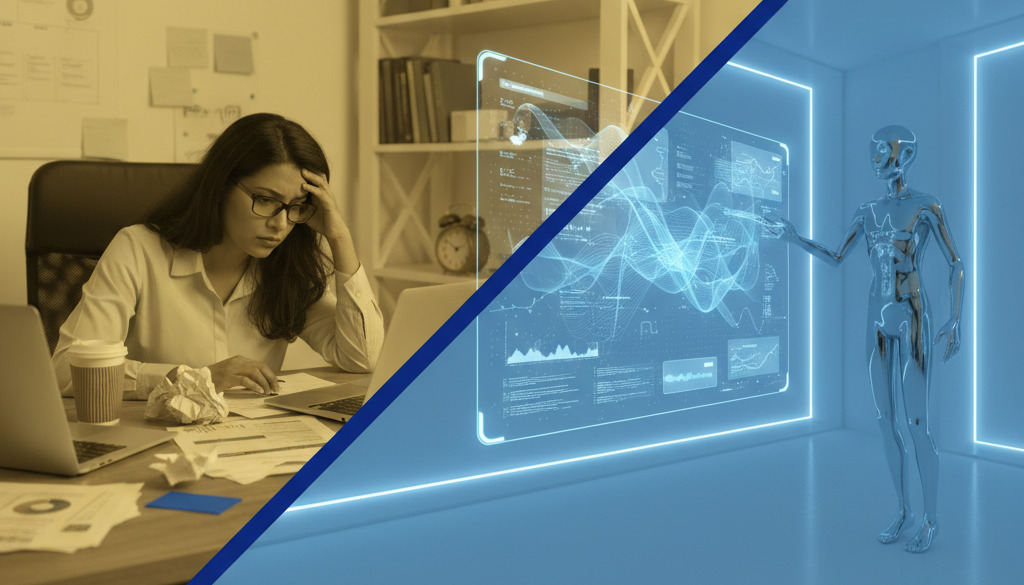 Stressed owner vs. AI content generation: efficiency and ease.