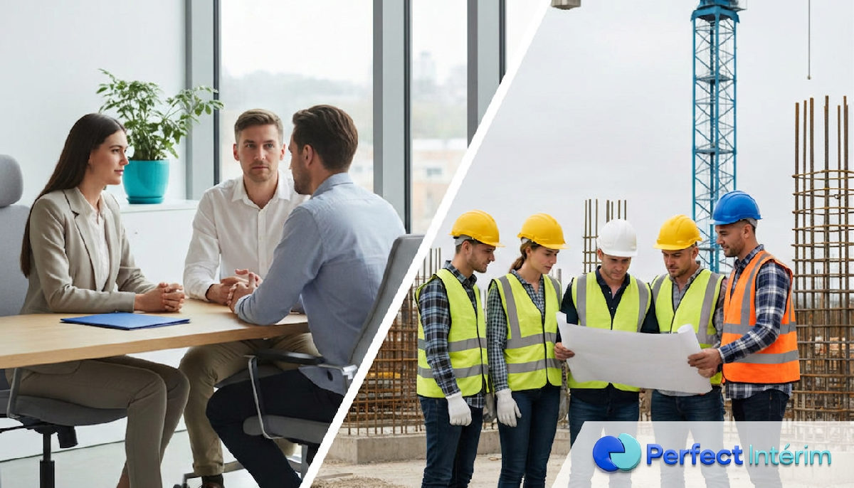 détachement vs recrutement - Bureau de recrutement face à une équipe sur un chantier.