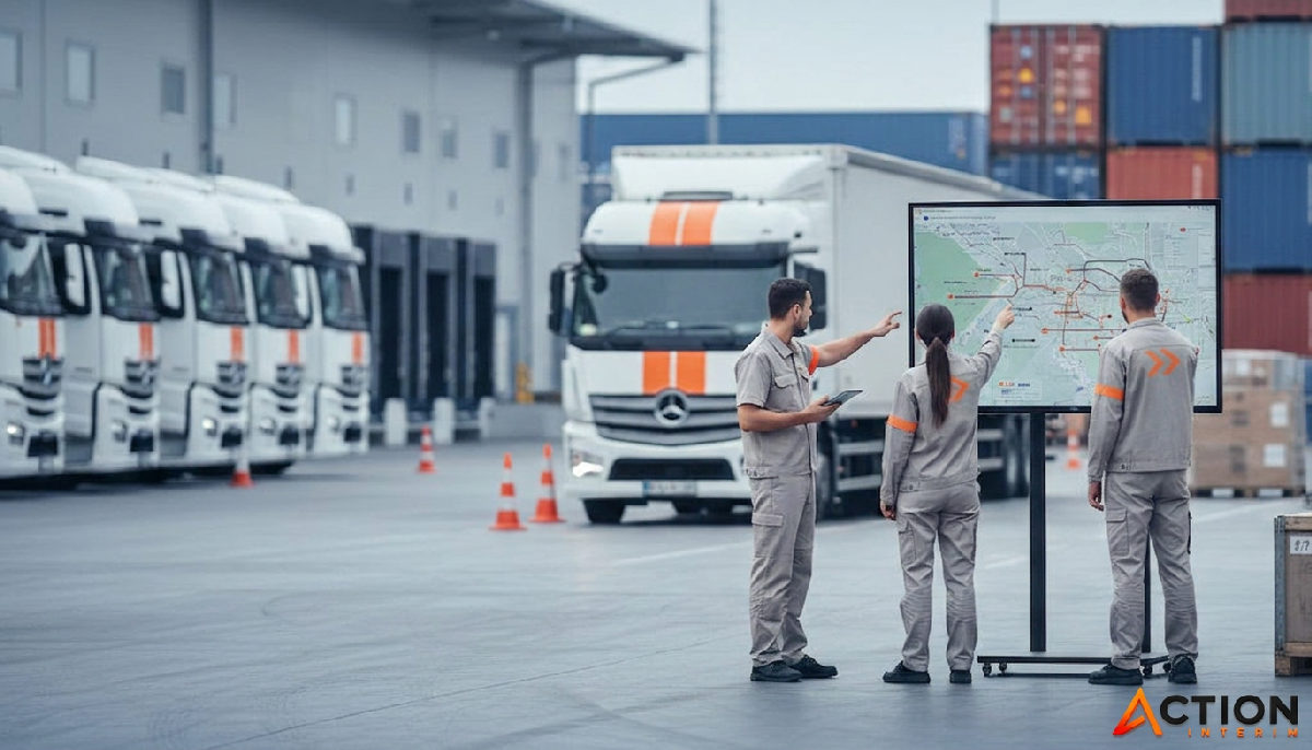 Travailleurs coordonnant des départs de camions dans un centre logistique.