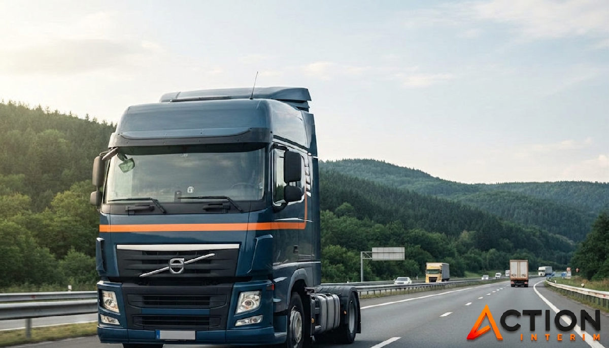Un camion moderne sur une autoroute au coucher du soleil.