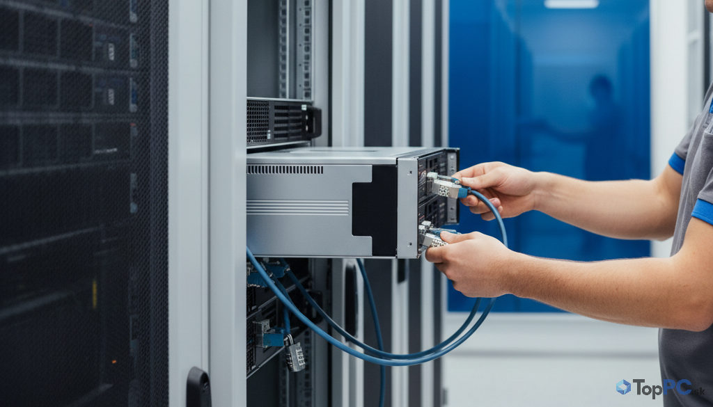 IT technik inštaluje server s dôrazom na bezpečnostné káble a zámky.