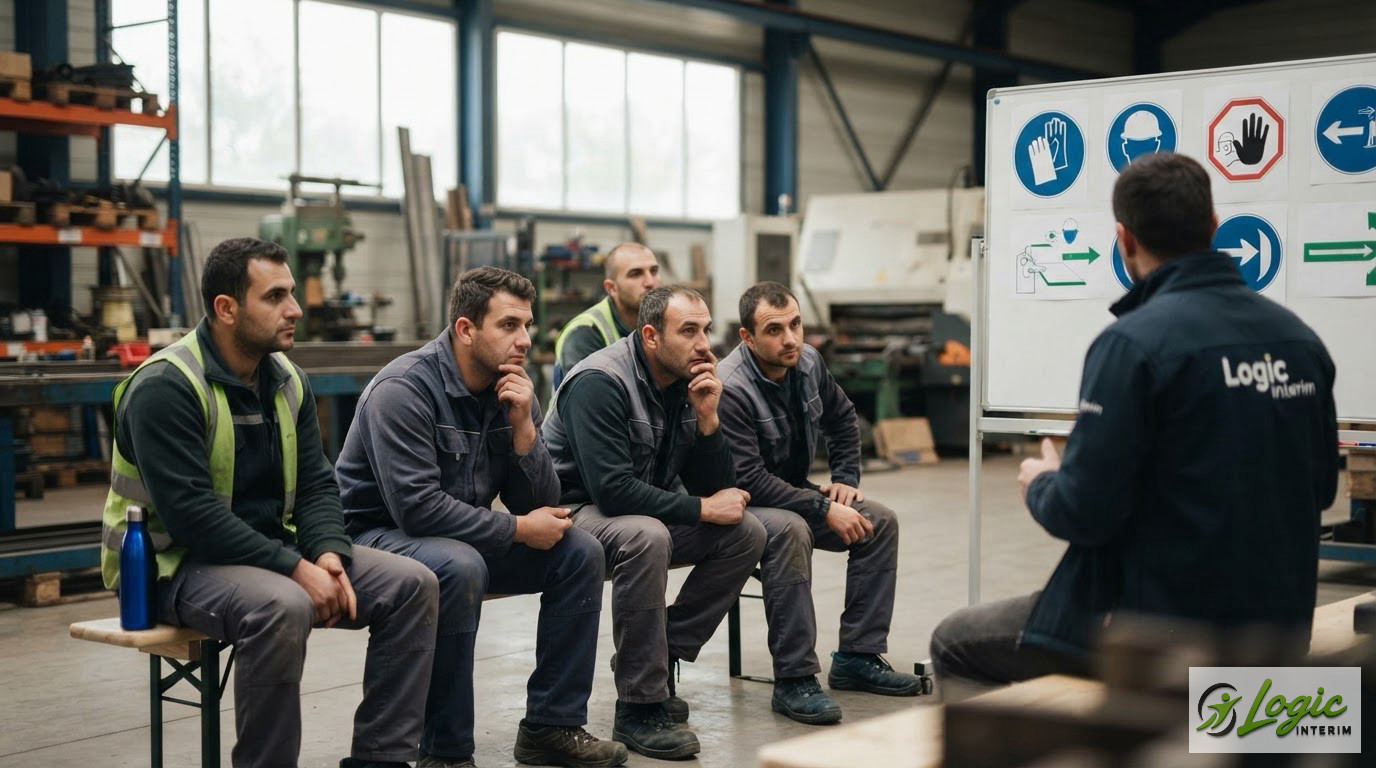 Des ouvriers roumains attentifs lors d'un briefing de sécurité avec schémas visuels.