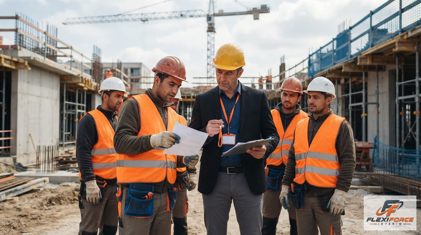 Un inspecteur vérifie les assurances d'ouvriers sur un chantier de construction.