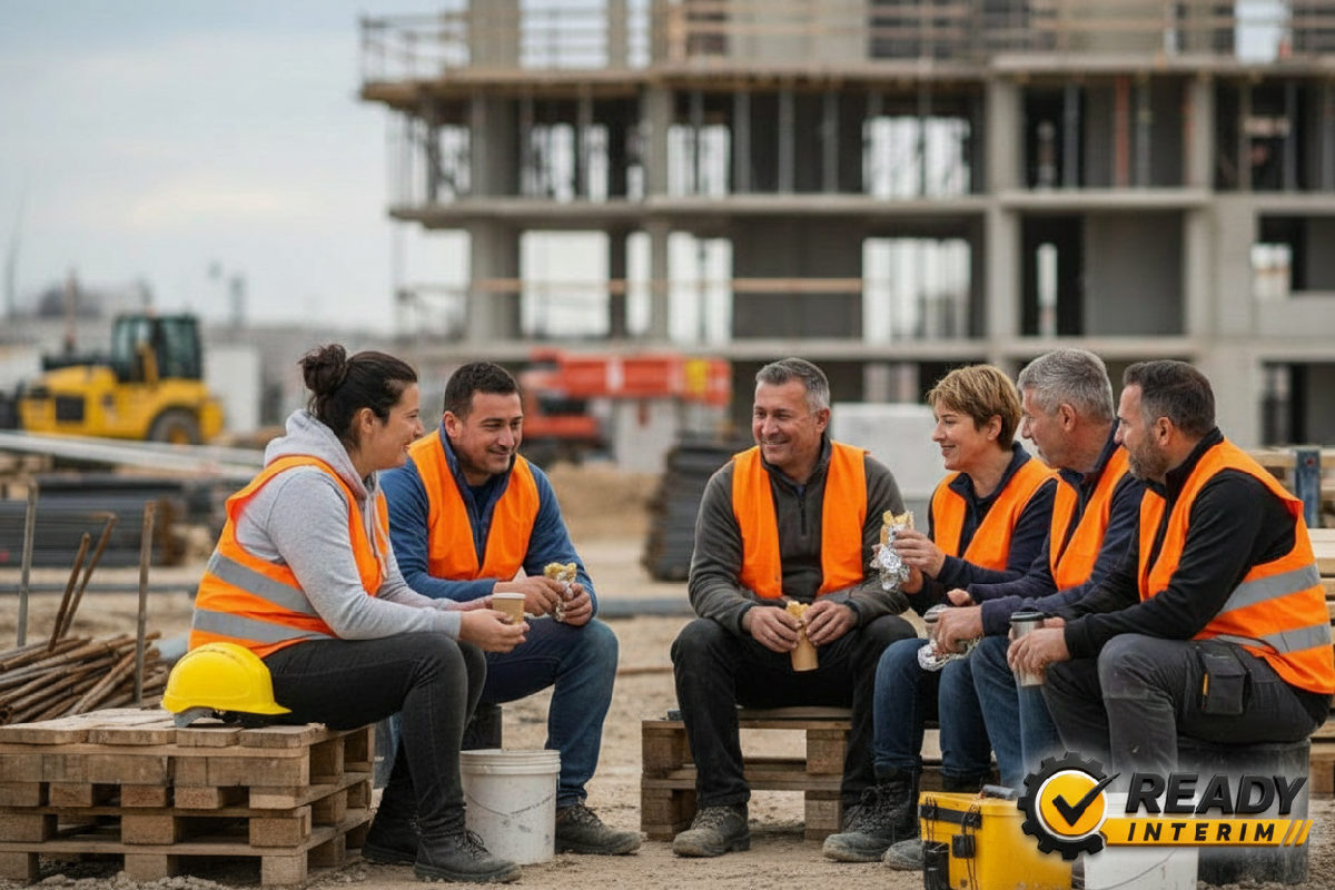 Travailleurs roumains et français déjeunant ensemble sur un chantier.