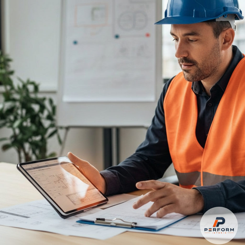 Vérification des documents et carte BTP sur tablette en bureau de chantier.