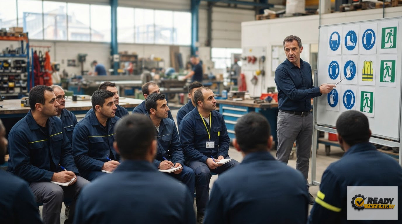 Travailleurs roumains attentifs lors d'une formation sécurité avec pictogrammes.
