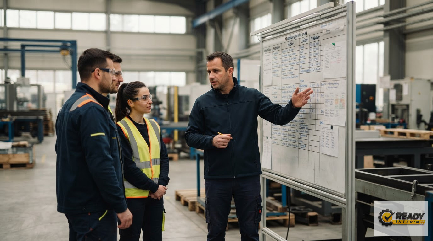 Un chef d'équipe échange avec des ouvriers roumains devant un planning.