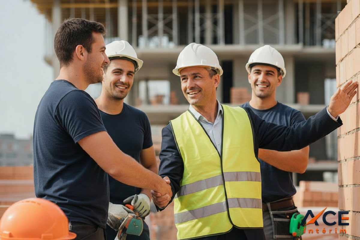 Chef de chantier français accueillant une équipe de maçons roumains.
