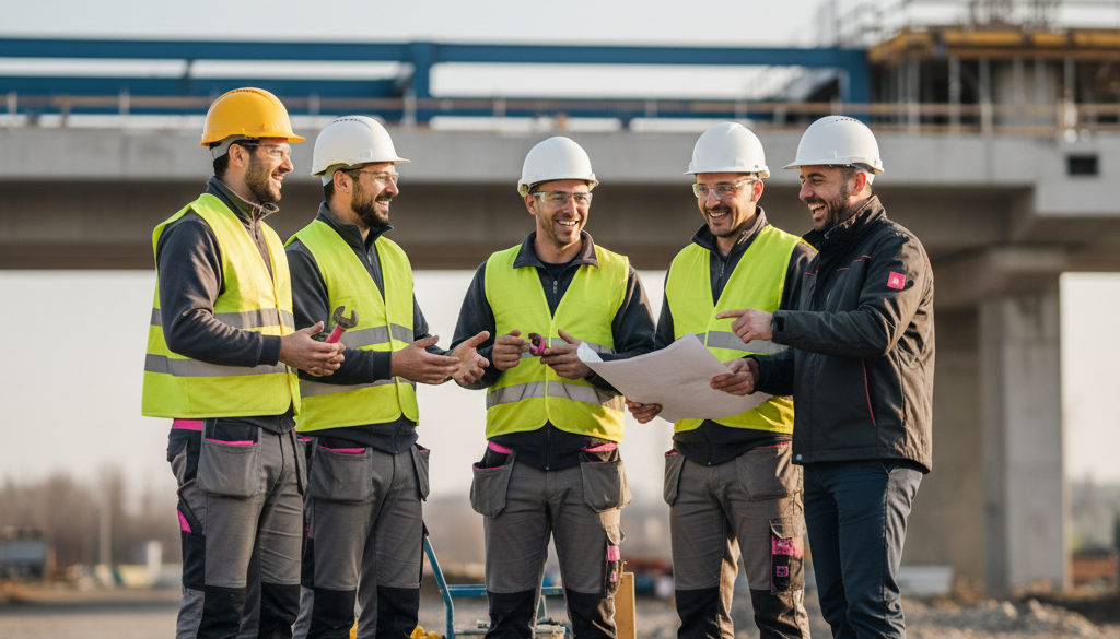 Travailleurs roumains et chef de chantier français devant une construction.