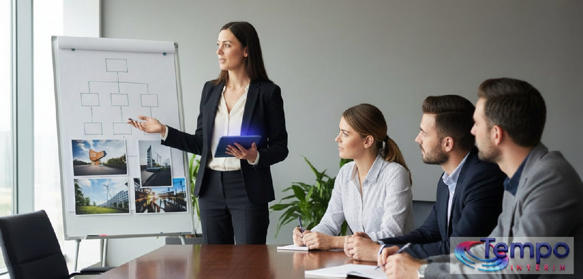 Manager présentant l'entreprise à des intérimaires en réunion.