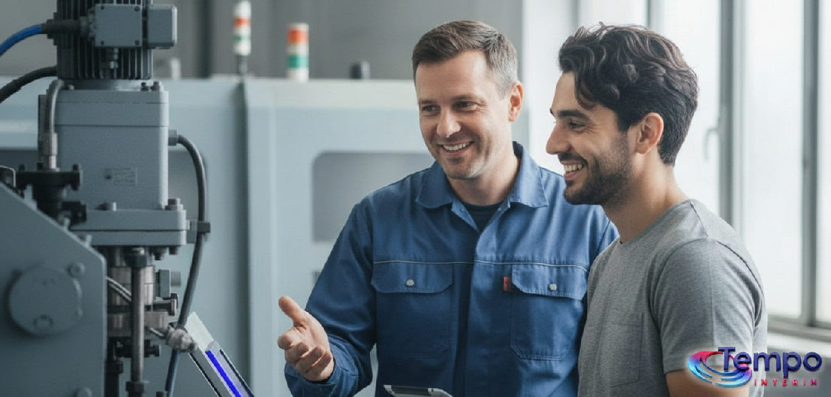 Chef d'équipe et ouvrier en débriefing souriant.