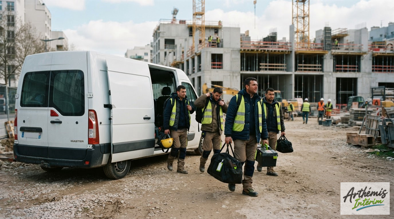 Ouvriers roumains arrivant sur un chantier avec leurs équipements professionnels.