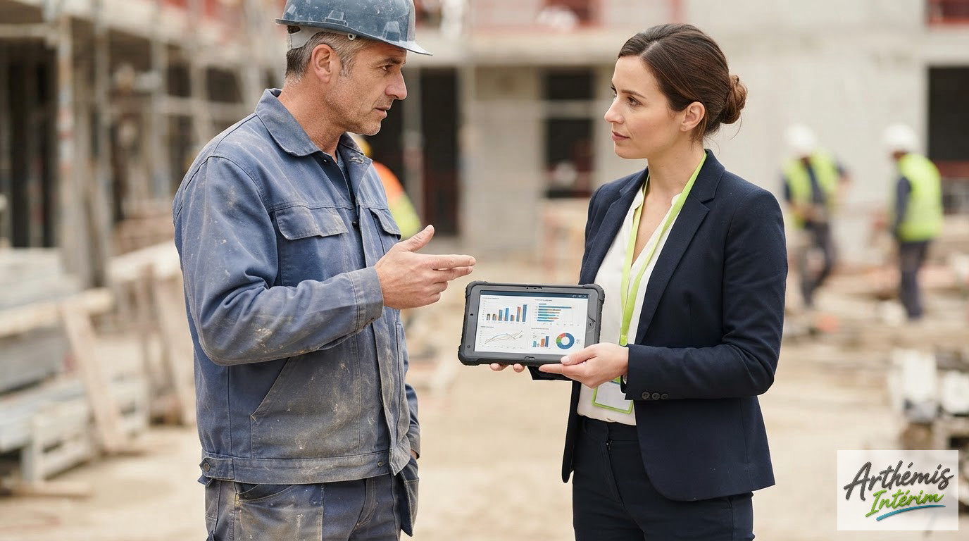 Chef de chantier et consultant examinant des plannings sur une tablette.