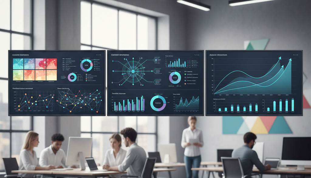Elegantní dashboard zobrazuje analytiku obsahu a prediktivní křivky růstu.