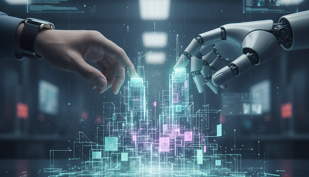 Lidské a robotické ruce staví strukturu zářících digitálních bloků.