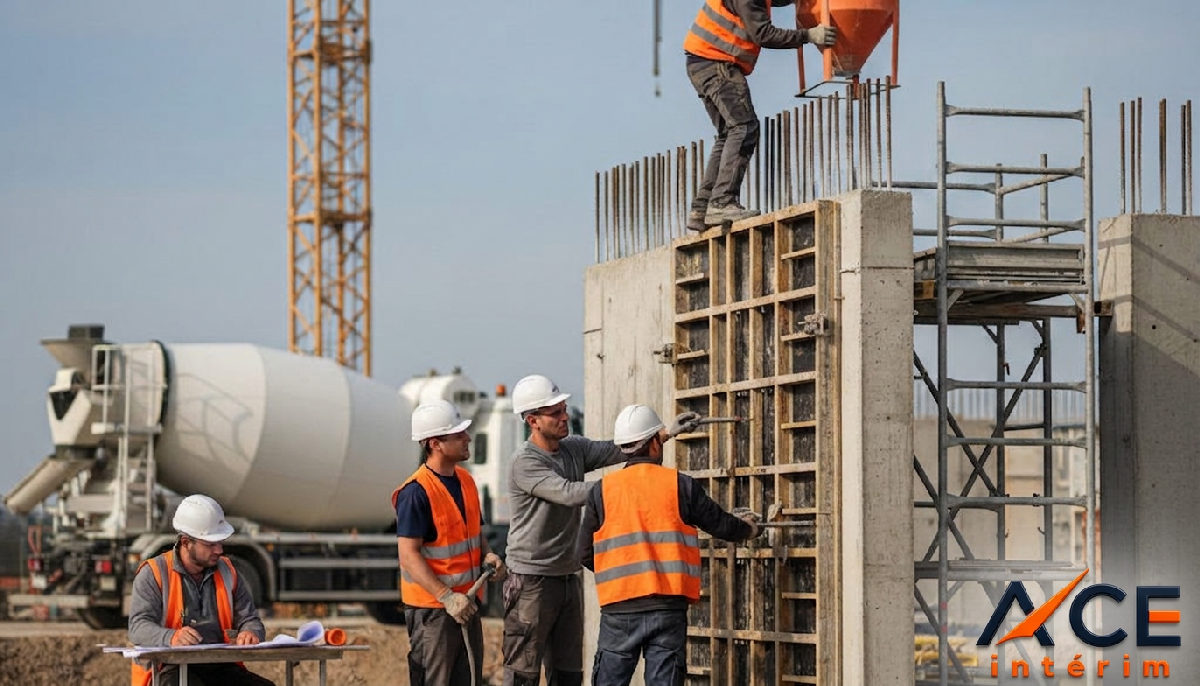 productivité équipes btp roumains - Chantier de construction en France avec des ouvriers accomplissant une tâche.