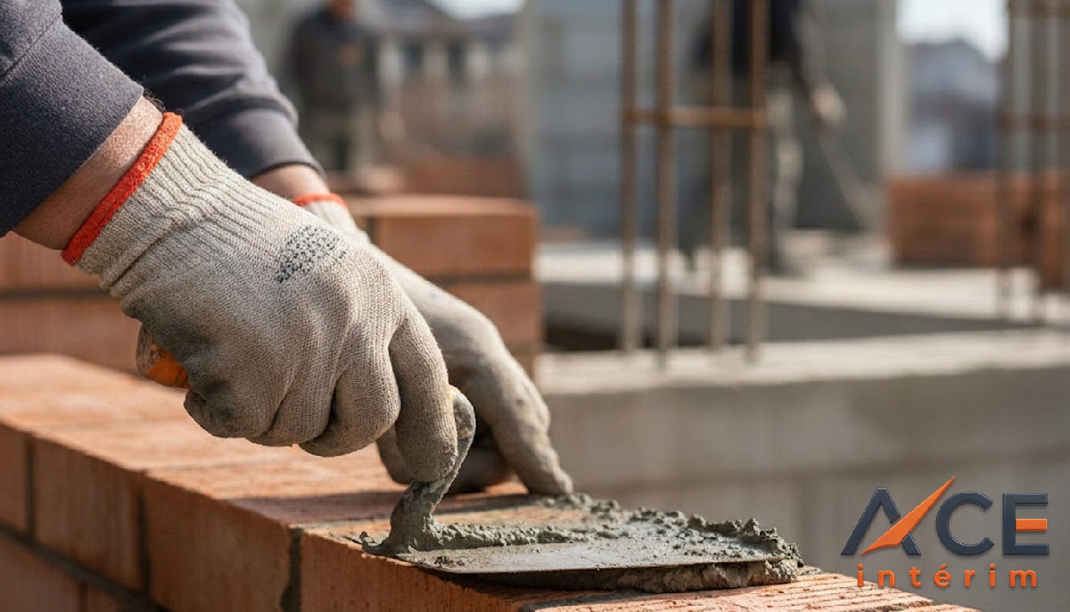 Gros plan sur les mains d'un maçon travaillant avec concentration.