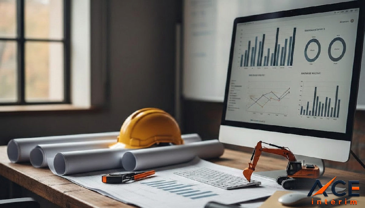 Plans de construction et ordinateur dans un bureau de chantier.