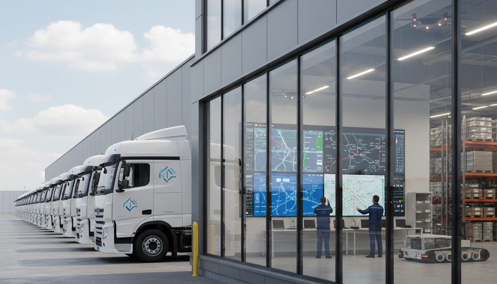 optimisation flotte logistique roumains – Entrepôt logistique roumain moderne avec camions et technologie de suivi.