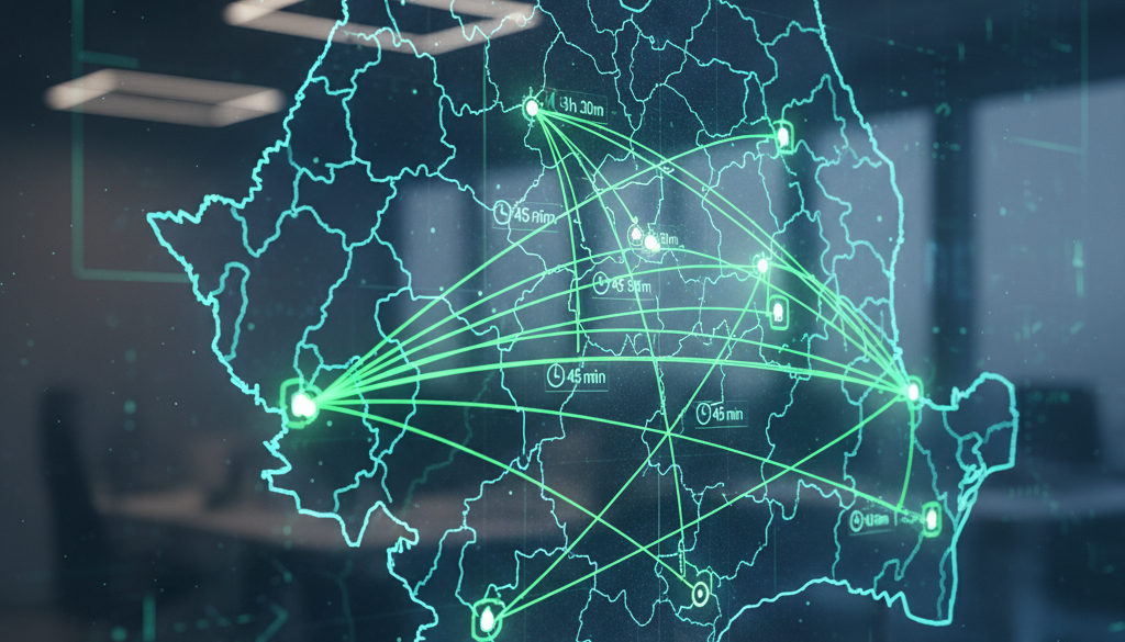 Carte numérique de la Roumanie avec itinéraires de transport optimisés.