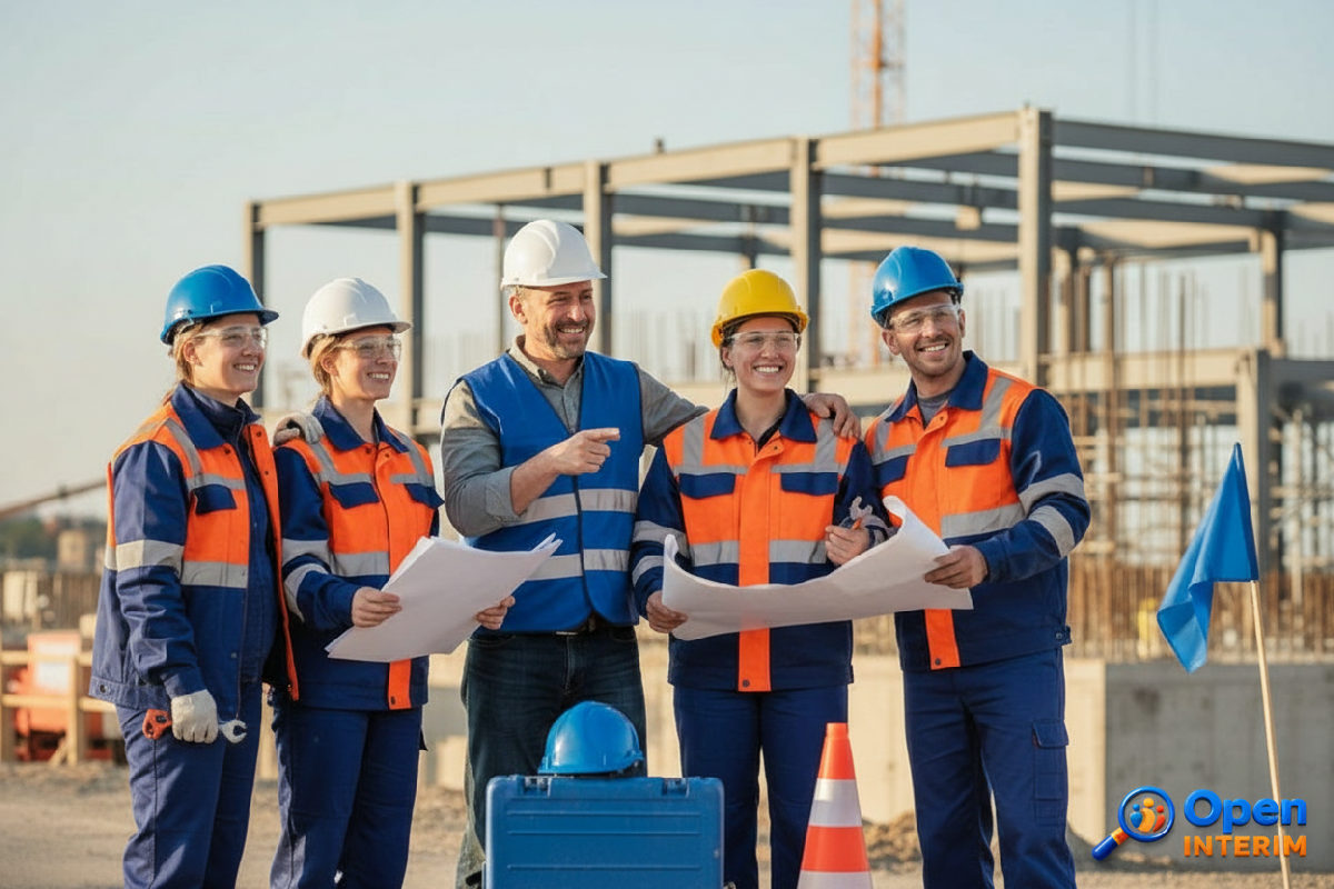 Travailleurs roumains et manager français souriant sur un site industriel.