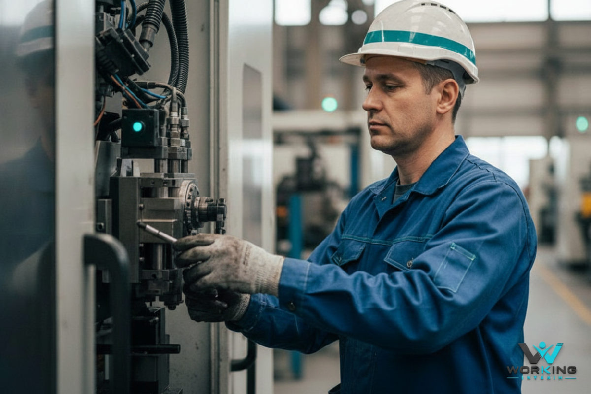 Technicien bulgare travaillant sur une machine automatisée.