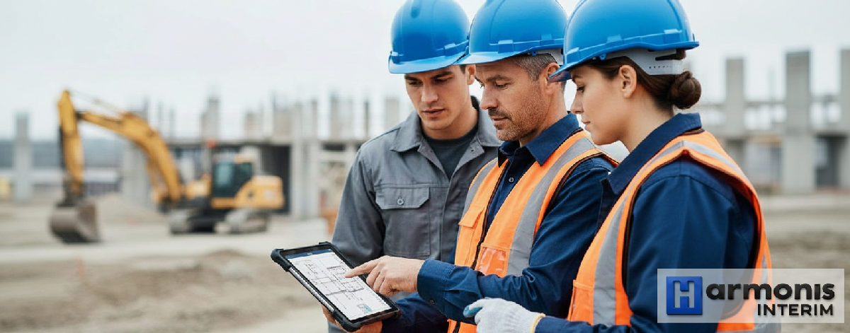 Chef de chantier montrant des plans sur tablette à des ouvriers.
