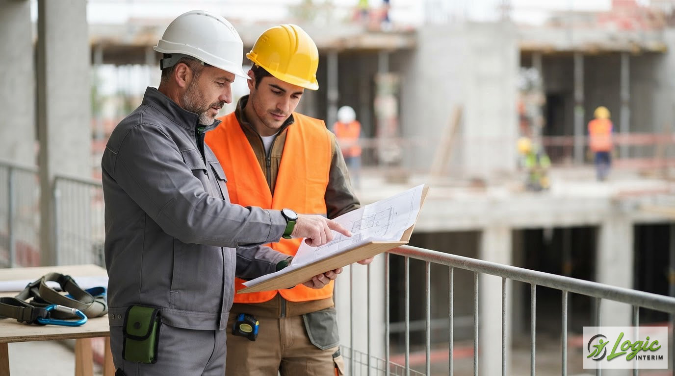 Un chef de chantier explique un plan technique à un intérimaire roumain.