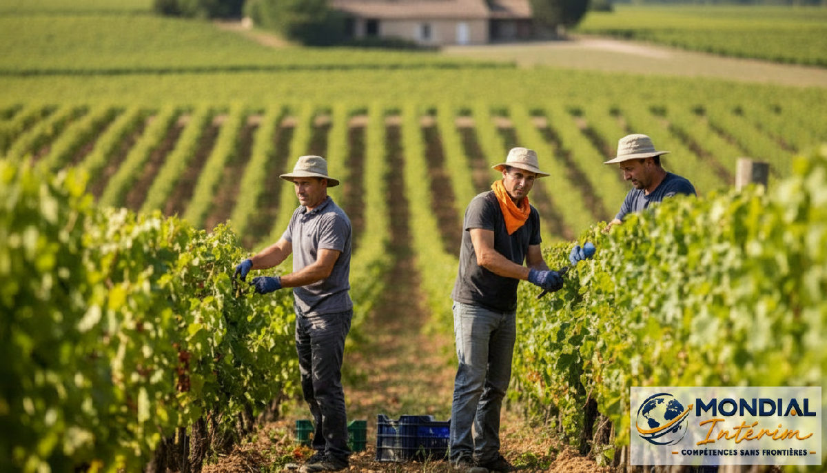 recrutement saisonniers roumains agricoles - Travailleurs agricoles dans un champ de vignes en France.