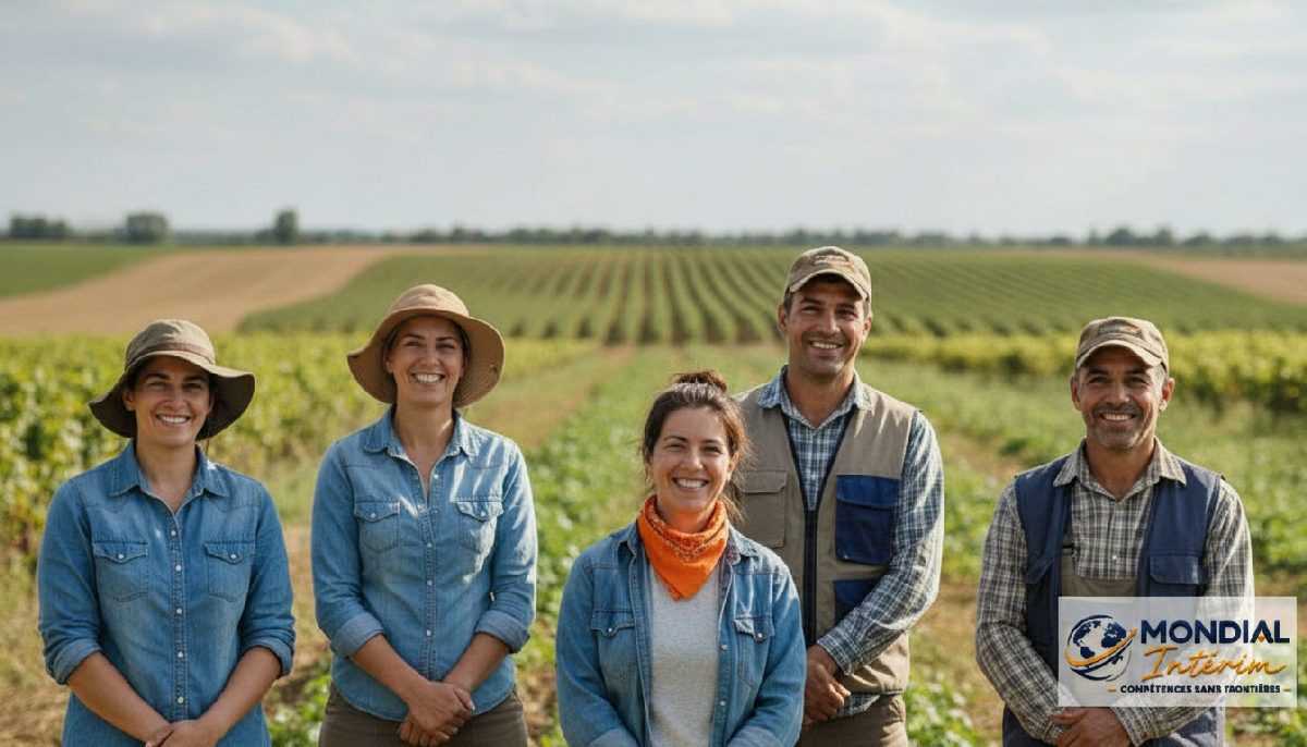 Groupe souriant de travailleurs saisonniers agricoles bien intégrés.