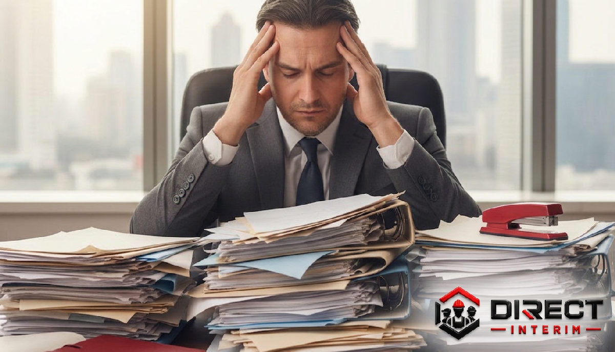 formalités recrutement international simplification - Un manager débordé par une montagne de paperasse au bureau.