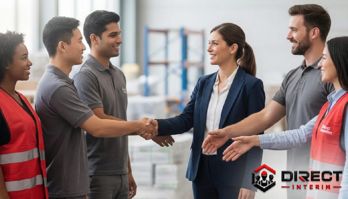 Des travailleurs internationaux diversifiés saluant un propriétaire d'entreprise souriant.