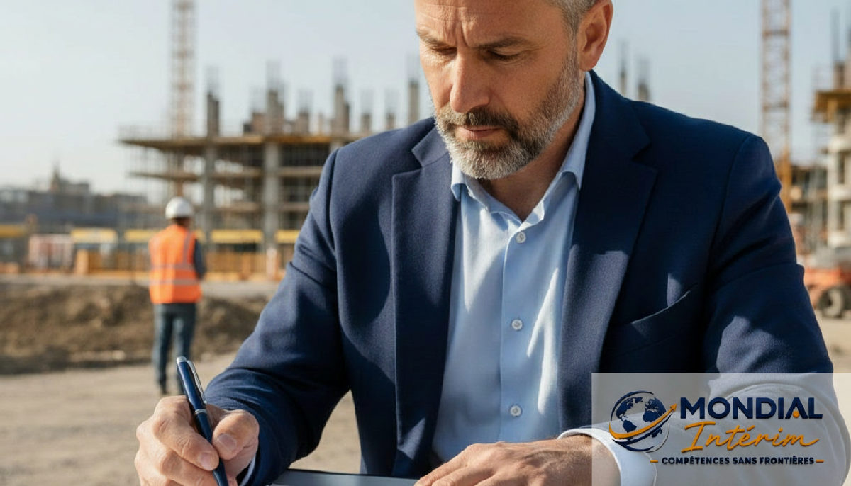 évaluer compétences intérimaires roumains bâtiment - Recruteur examinant un CV sur un chantier ensoleillé.