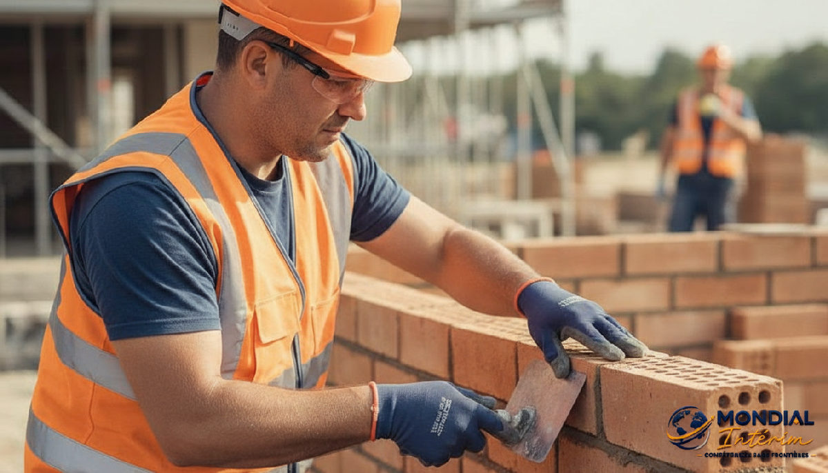Maçon roumain qualifié travaillant sur un chantier en France.