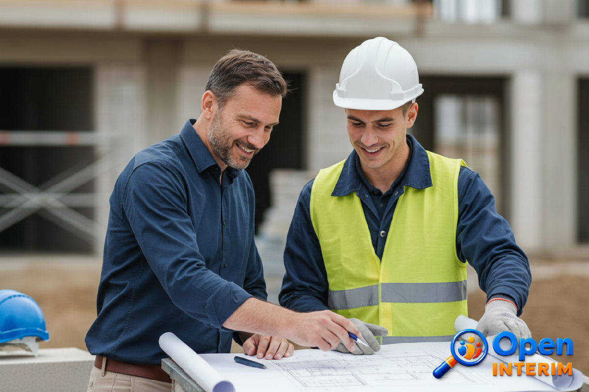 Manager français et ouvrier roumain discutent d'un plan technique.